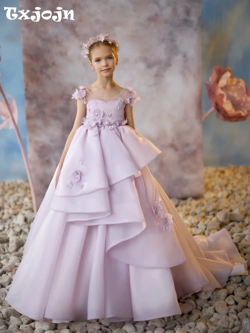 Abiti da ragazza di fiore 3D con perline di lusso viola per spettacoli di danza Affascinante abito da principessa con fiocco carino Abito da sposa per bambini in vendita