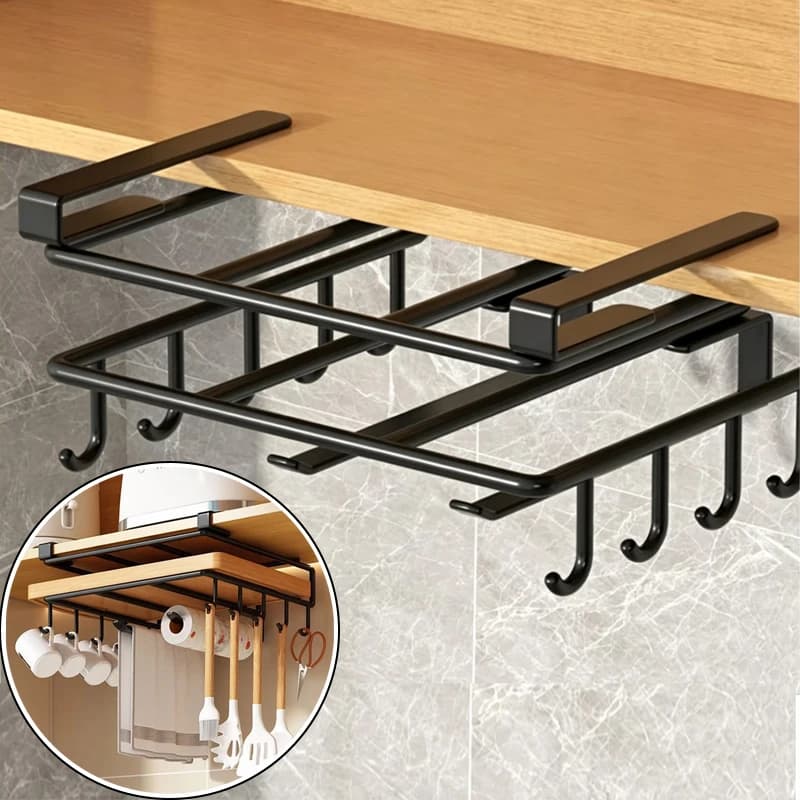 Under Cabinet Kitchen Organizer Rack Hooks Multi-Purpose Storage Shelf Portable Storage For Paper Towel Cutting Board Pot Lids
