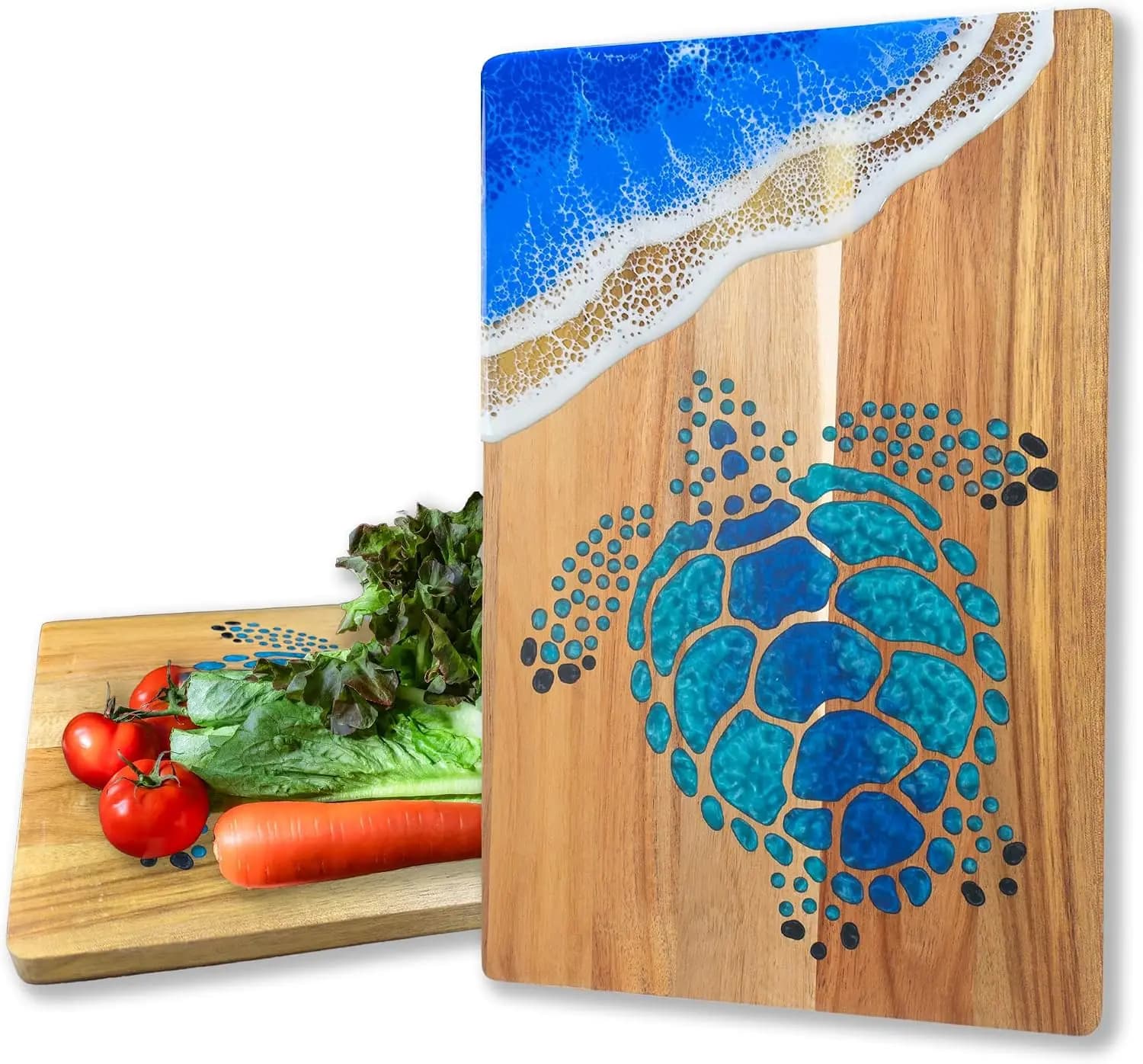 Acacia Wood Cutting Board with Blue Resin Wave & Sea Turtle, 15x10 inch, for Kitchen, Serving, Cheese & Charcuterie