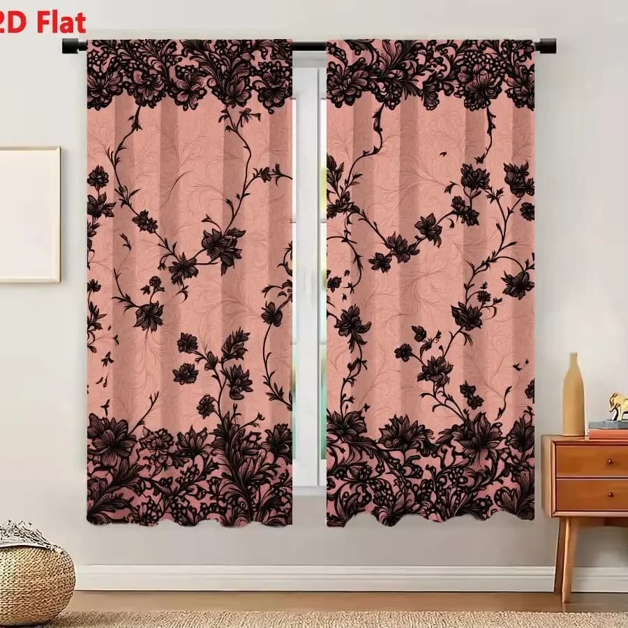 2Pcs Curtains 2D Flat Decorative Symmetrical Black Floral Vine Pattern On Soft Pink Background With Embossed Texture For Textile