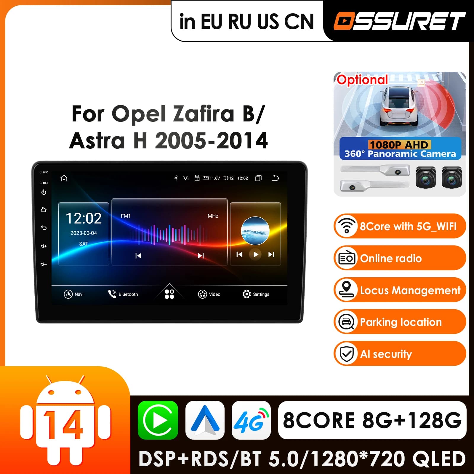 Autoradio per Opel Astra H 2004-2014 Zafira B, Lettore Multimediale Audio con CarPlay, Android Auto, GPS, Bluetooth, WIFI, FM, AI