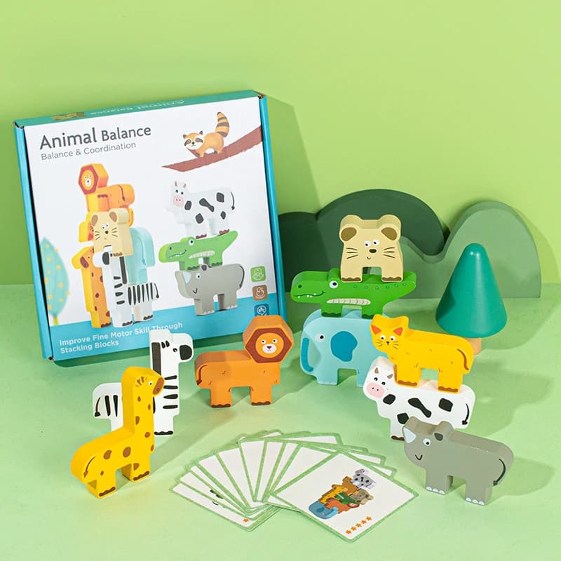 Gioco di impilamento di blocchi di legno a forma di animali, puzzle di abbinamento delle forme, giocattolo di equilibrio Montessori, allenamento della motricità fine, giocattoli educativi per bambini