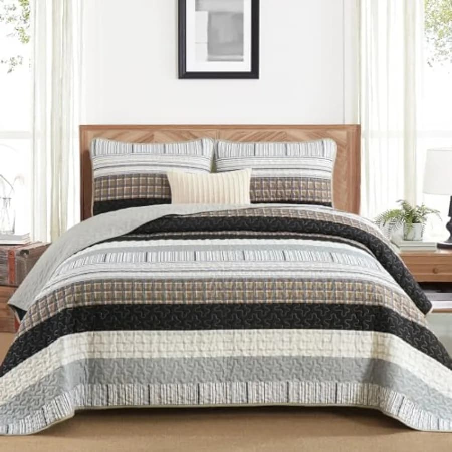 Set Copriletto a Righe Stile Boho, 3 Pezzi, Trapuntato, Leggero e Morbido in Microfibra per Tutte le Stagioni, 96