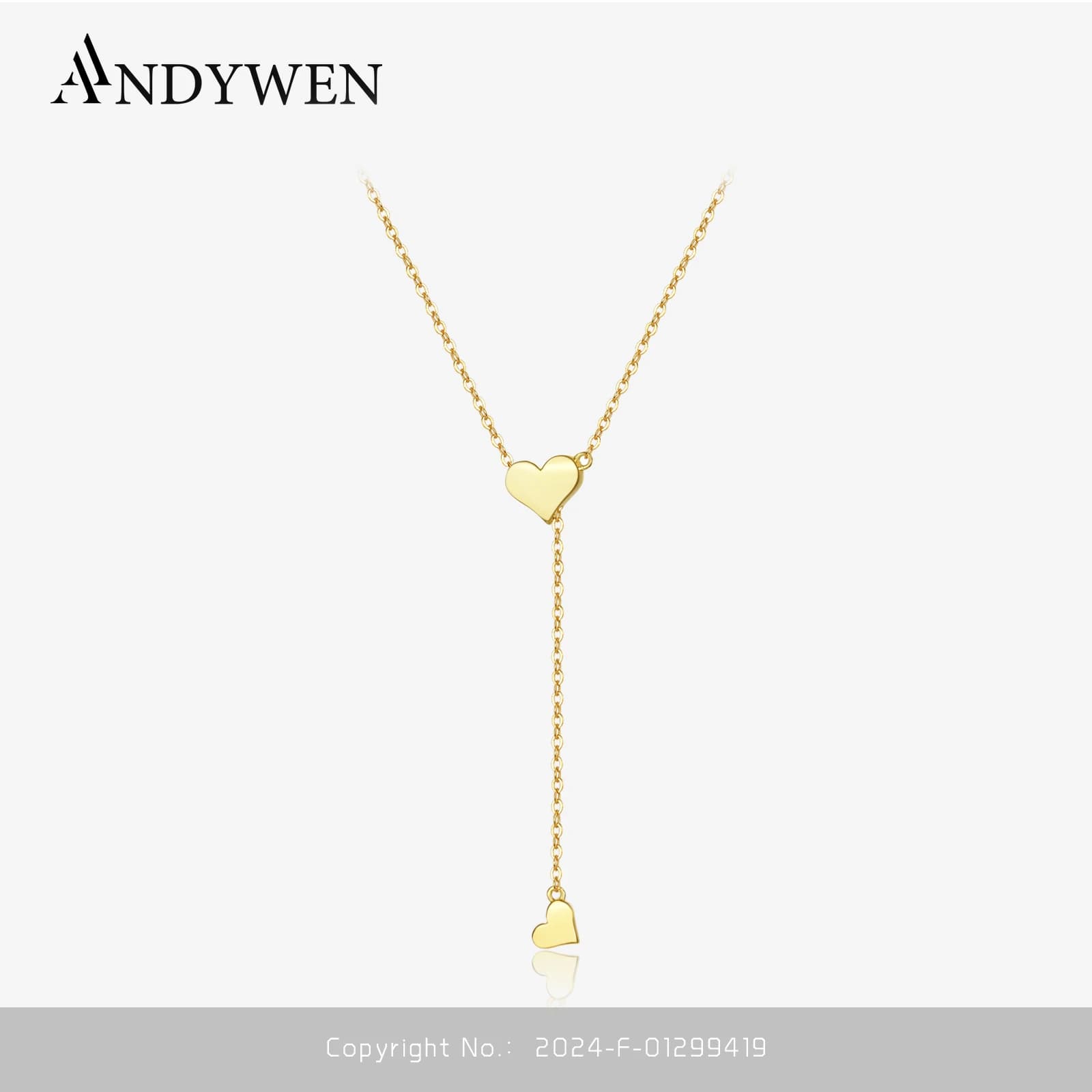 ANDYWEN 925 Sterling Silver Gold Adjustable Chain Heart Pendant Necklace With Rigid Crew Neck Pendant Women Luxury Jewelry