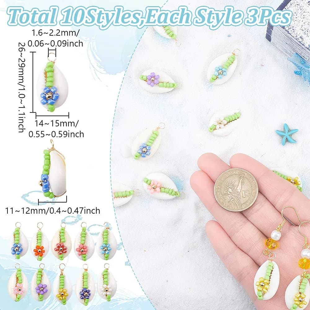30Pcs 10 Colors Cowrie Shell Pendants Glass Seed Beads Copper Wire Wrapped Flower Charms Mixed Color 26~29x14~15x11~12mm