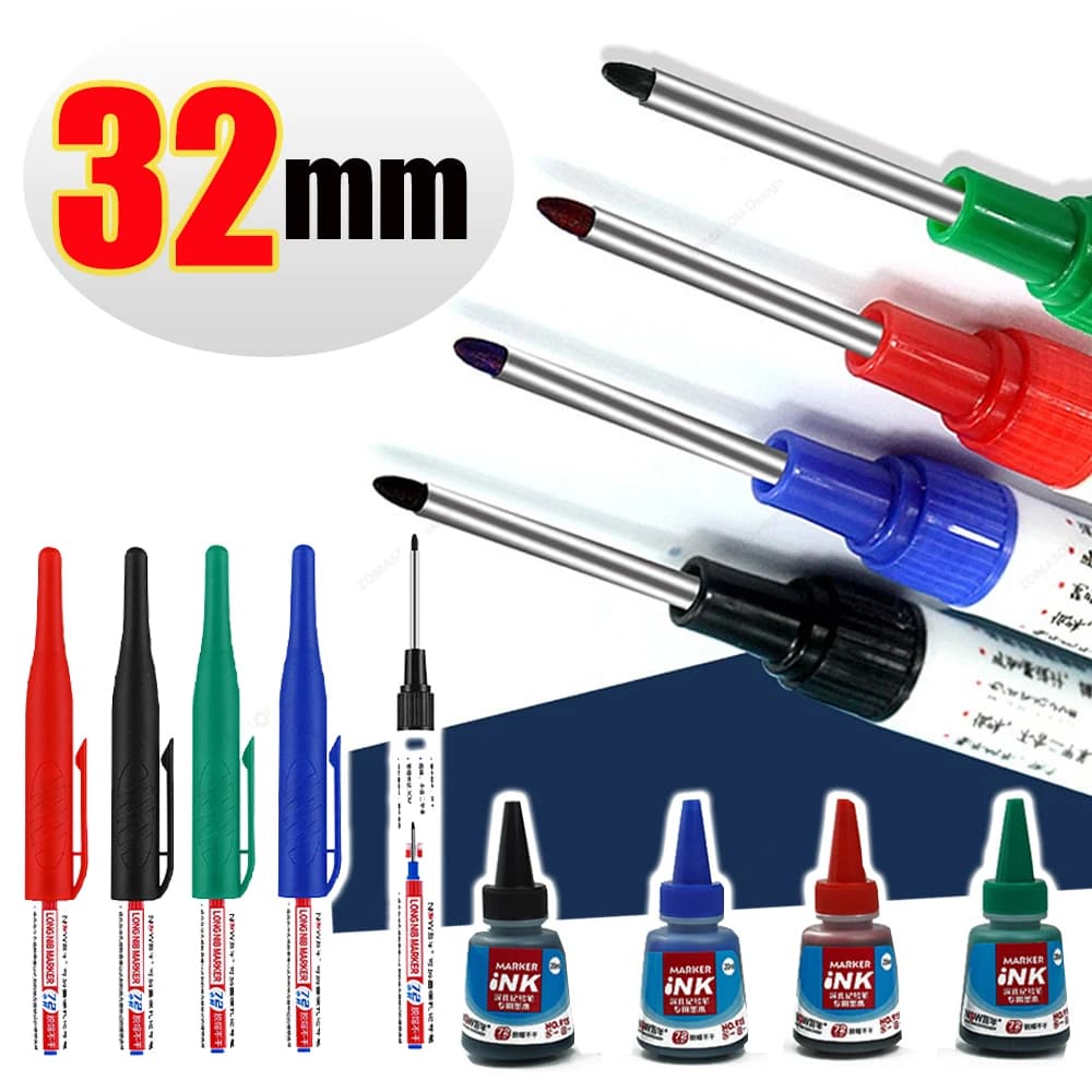 Pennarelli per carpentiere con pennino lungo impermeabile da 32 mm Pennarelli per fori profondi Inchiostro nero/blu/rosso per utensili manuali per la lavorazione del legno all'ingrosso