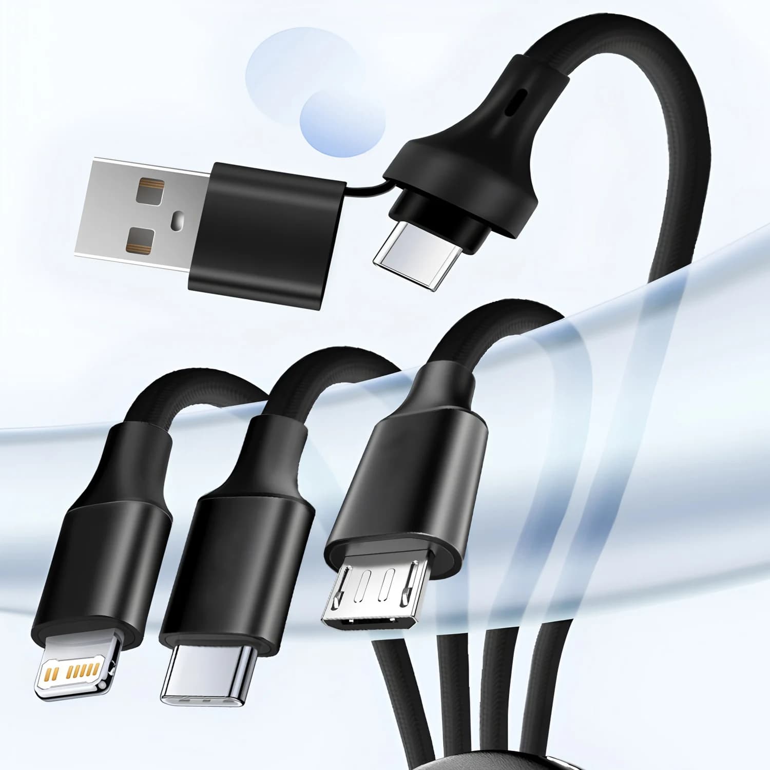 Cavo USB 3 in 2 con portachiavi LED, caricabatterie portatile multi-cavo per iPhone 14 12 Xiaomi Huawei, ricarica rapida.