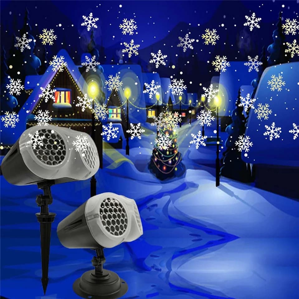 Proiettore per fiocchi di neve per esterni a doppia testa Luce da palcoscenico natalizia impermeabile IP65 per decorazioni esterne per interni e case
