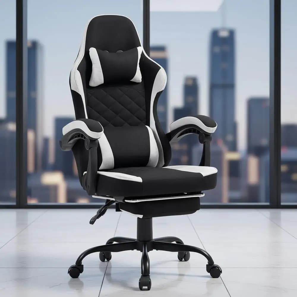 Sedia da gioco ergonomica reclinabile in tessuto grande e alta con poggiapiedi per adulti - Cuscino a molla per sedia per videogiochi nera/grigio chiaro