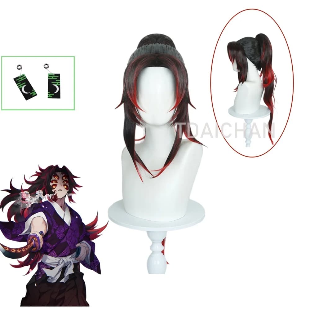 Parrucca Kokushibo Nera e Rossa 80cm con Coda Alta Sfumata, Accessorio per Costume Cosplay con Orecchini, per Feste di Halloween, Tsugikuni Michikatsu