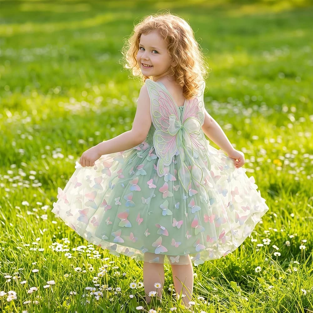 Abito da Principessa per Bambina, Vestito Estivo con Ali di Farfalla 3D, Senza Maniche in Tulle, per Feste di Compleanno