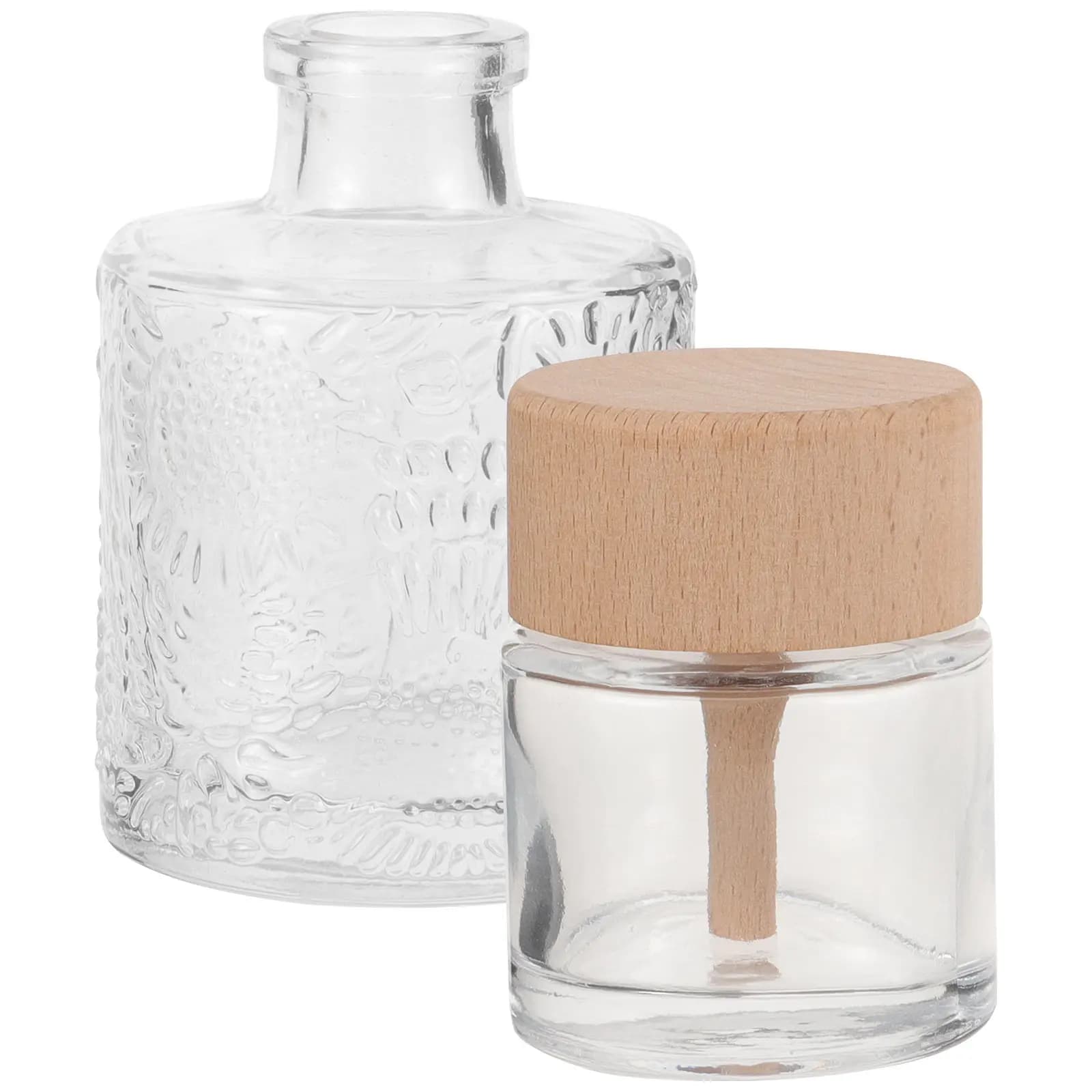 Set di 2 Diffusori di Aromi in Vetro Trasparente con Tappo in Legno per Casa, Ufficio, Camera da Letto e Soggiorno