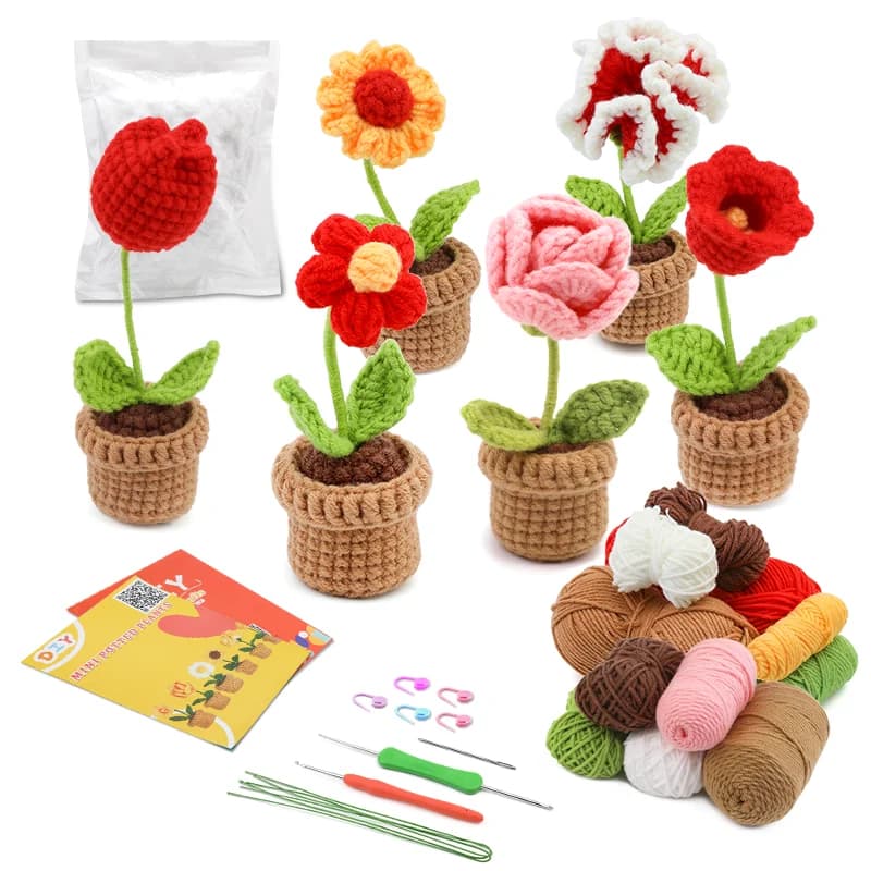 KRABALL 6 pezzi kit di fiori in vaso all'uncinetto per principianti con tutorial video filato per maglieria in cotone filo aghi ganci set di strumenti per maglieria