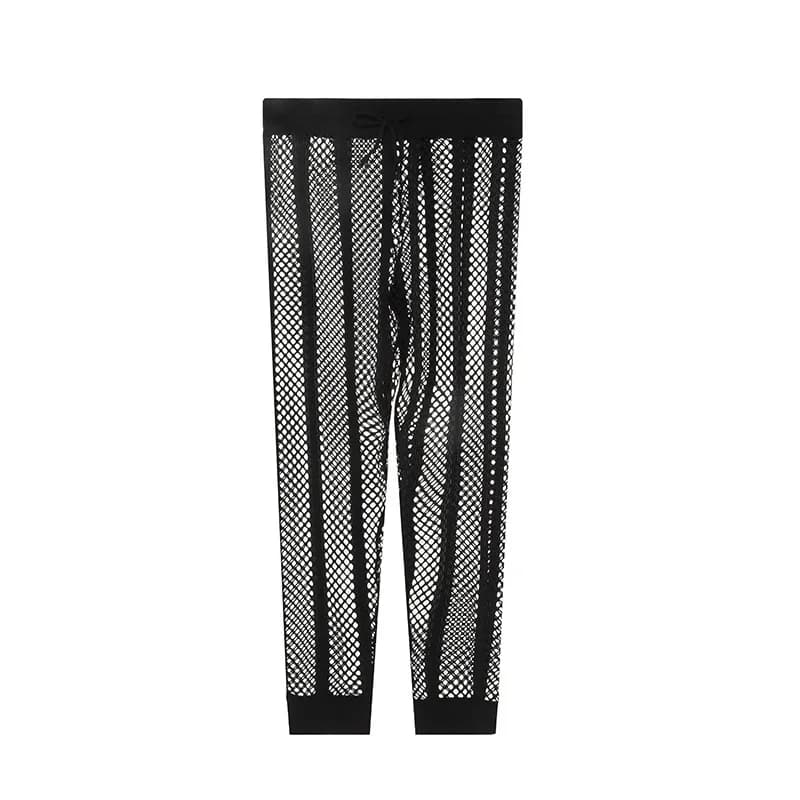 Men's Erotic Long Pants Gay Sexy Fishnet Breath Ankle Tied Homewear Sleep Pajama Wide Waistband Hollow Mesh Sheer Stripe Trouser
