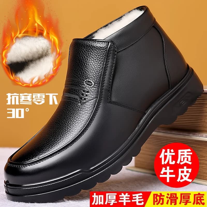 Men Leather Winter Ankle Boots SlipOn Thick Non Slip Sole Genuine Leather Cold Resistant Business Casual Warm Winter Dress Shoes