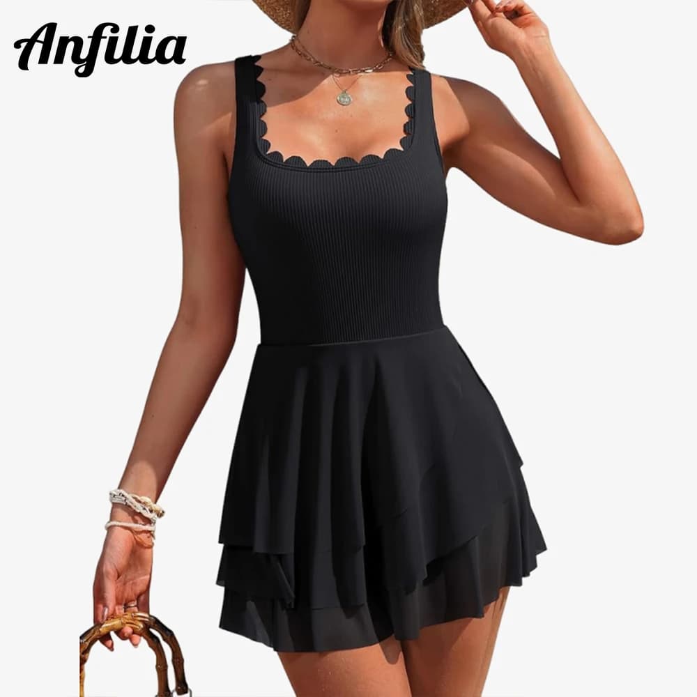Anfilia Women One Piece Swimdress Tummy Control Swimsuits Full Coverage Bathing Suit Modest Mesh Sheer Swim Skirt