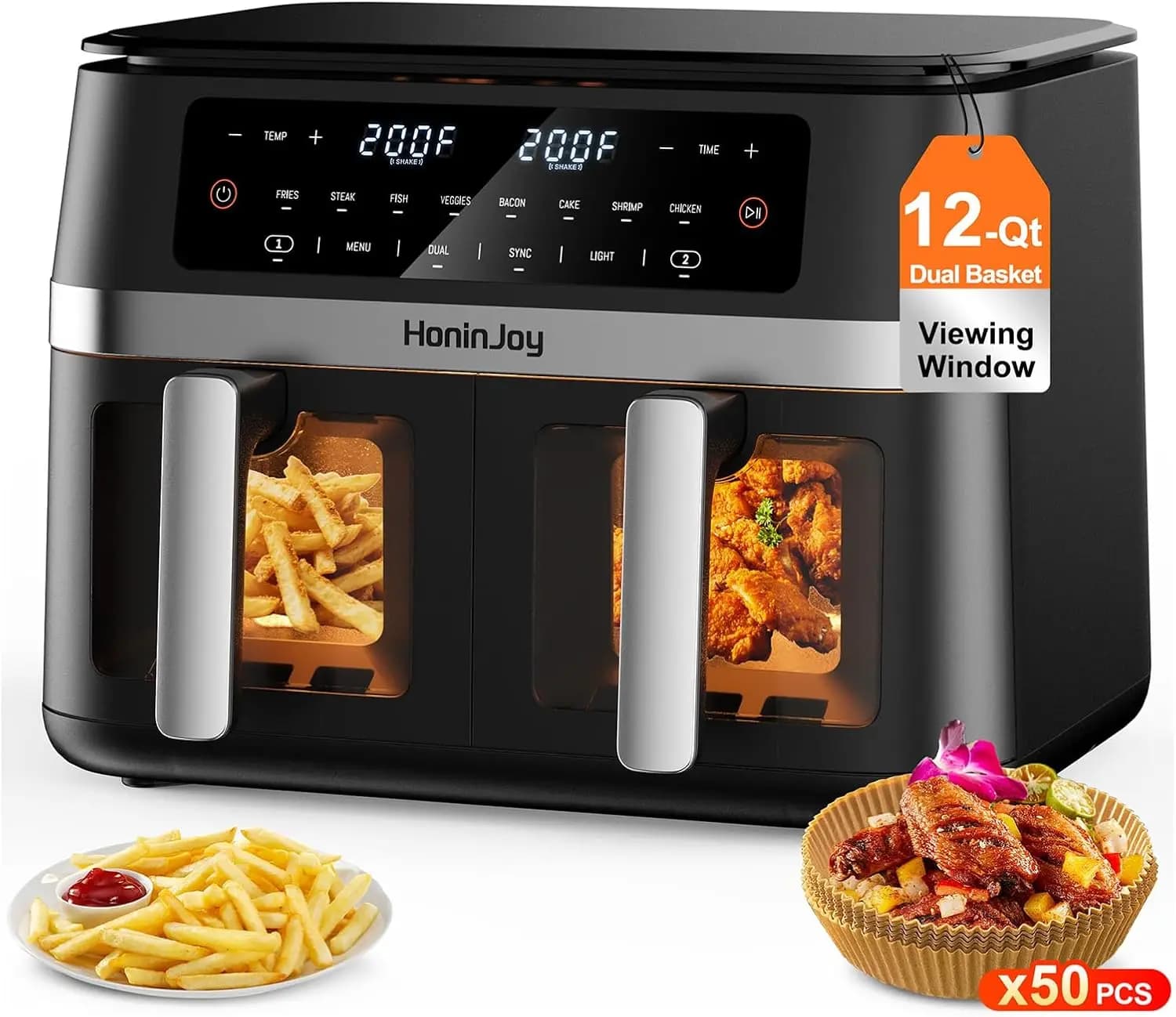 Friggitrice ad Aria a Doppio Cestello da 12QT con Finestra di Visualizzazione, Touchscreen 10-in-1, SyncCook e Lavabile in Lavastoviglie