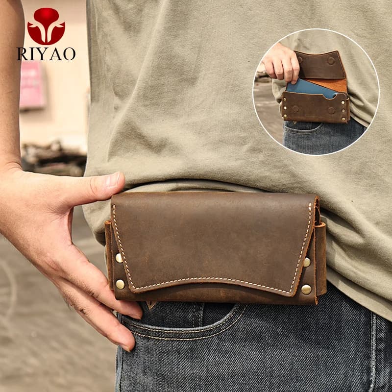 RIYAO marsupio in vera pelle Vintage Dual Layer Phone Bag Pouch marsupio per fondina per telefono da uomo borsa da cintura custodia a portafoglio uomo