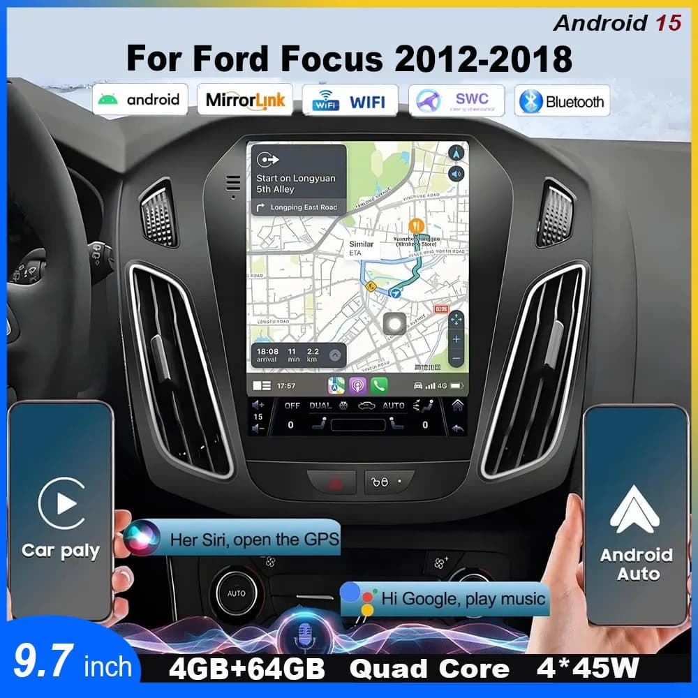 Autoradio 9.7'' con GPS Android 15, Carplay, Android Auto, WiFi, Bluetooth, FM/RDS, DAB+, SWC, 4GB+64GB per Ford Focus 2012-2018