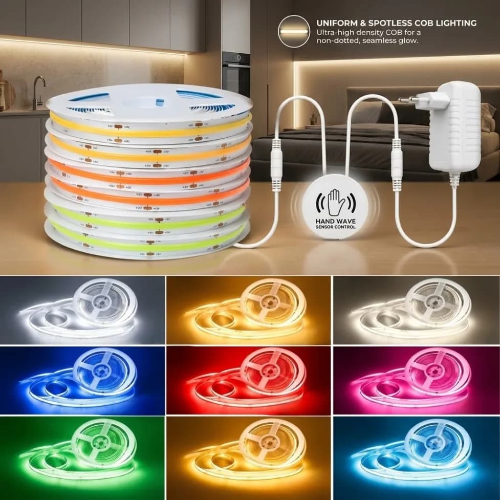 DC12V/24V Touch Sensor Dimmable 1-10M COB LED Strip Kit 252LEDs/M 8mm with EU Power Plug for Vanity Mirror Pantry Bedroom Light