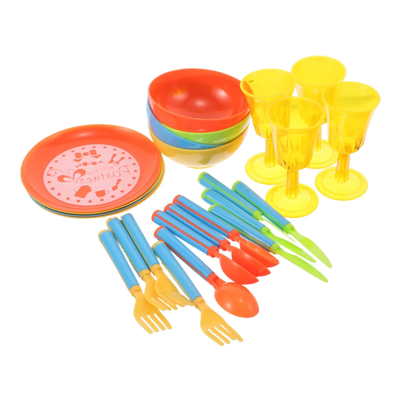 24Pcs Kids Kitchen Accessories Pretend Play Dinnerware Set Girls Toddler Plastic Tea Party Plates Forks Knives Bowls