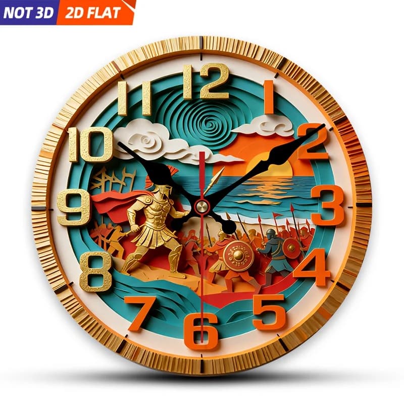 Orologio da parete piatto 2D a tema guerra con guerriero dell'antica Grecia, 1 pezzo | Orologio decorativo silenzioso, design creativo, adatto per camere da letto, soggiorno