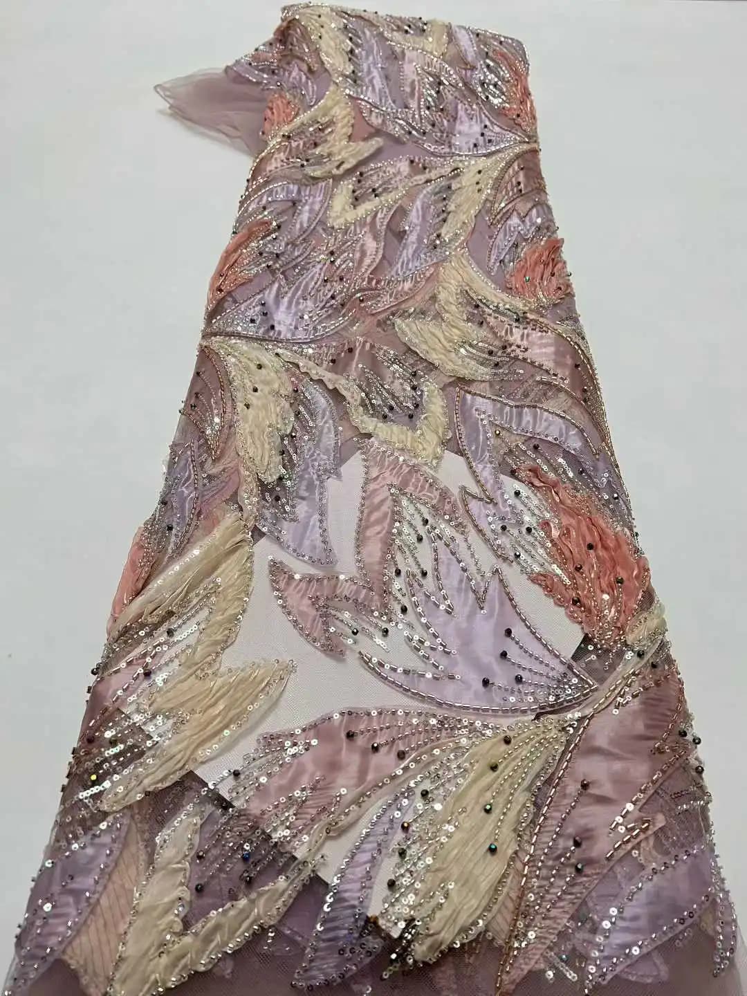 Tessuto in Tulle Nigeriano di Lusso con Paillettes e Ricami Francesi, Design Africano 2025 per Abiti da Sposa