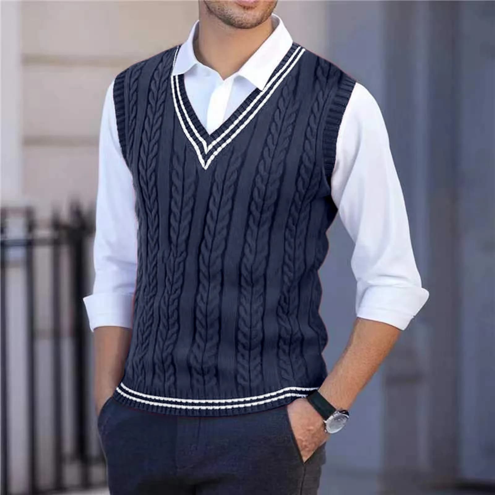 2026 Men's Knitted V-Neck Sweater Vest Color Blocking Stripe Sleeveless Knitwear Pullover Sweaters Men Business Casual Waistcoat