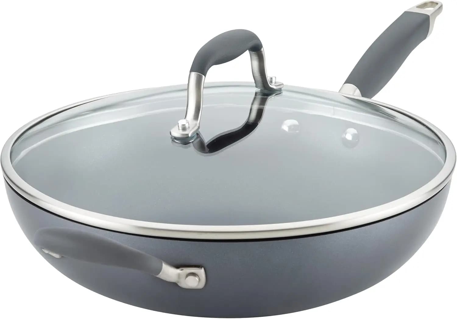 12 inch non-stick pan with cover and auxiliary handle, anodized hard for uniform heating and longer life