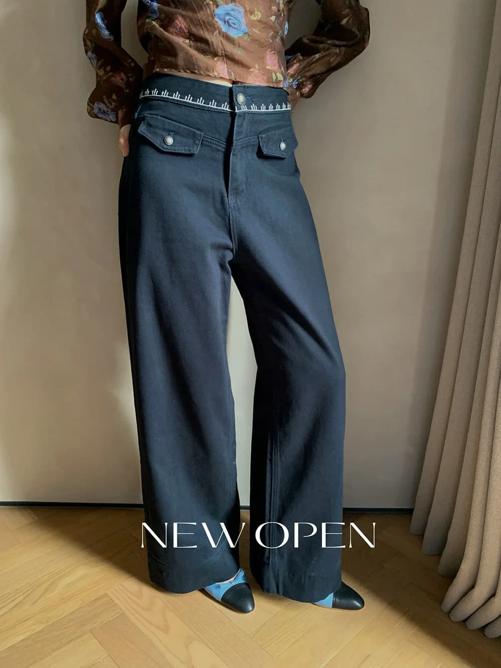 Jeans a gamba larga da donna con design a punto croce a vita alta, stile coreano, pantaloni casual in cotone con chiusura a cerniera