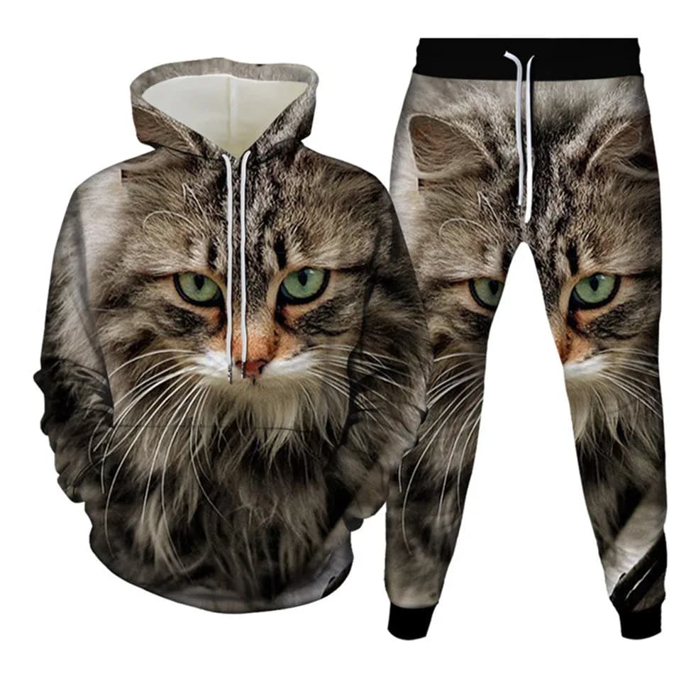 Autumn Funny Animal Cat 3D Printed Hoodie Men's Clothing Sweatshirts Sports pants Fashion Casual Two Pieces Men's Clothing Set