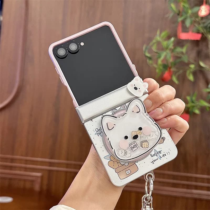 Custodia magnetica per telefono con cucciolo di cartone animato Kawaii per Samsung Galaxy Z Flip 7 6 5 4 Cover con catena di supporto Custodie con cerniera Kawaii Flip7 Funda