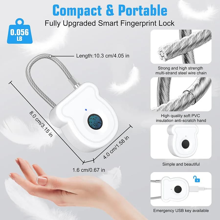 2025 NUOVA serratura per impronte digitali con ricarica USB senza chiave lucchetto intelligente serratura per porta 0,2 secondi sblocca lucchetto antifurto portatile