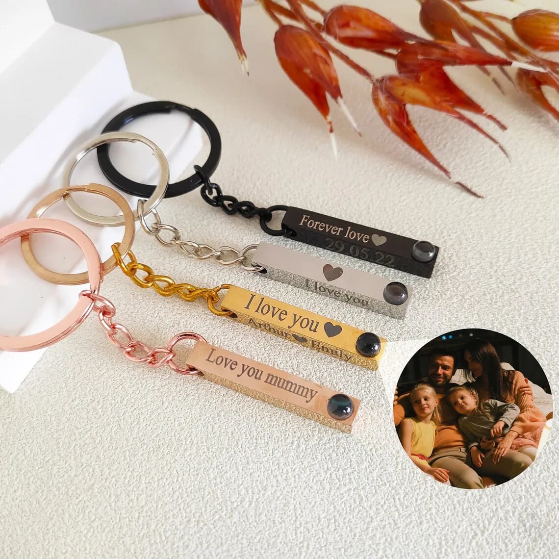 Keyring with custom photo projection keychain with custom bar projection keychain with engraving Laser torque jewelry gift for anniversary