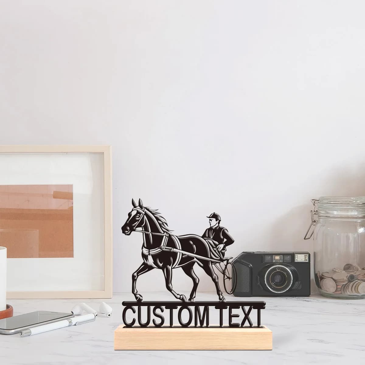 1pc Customizable Wrought Iron Desktop Decoration Customizable Name With Wooden Base Housewarming Gift,Metal Ornament Decoration
