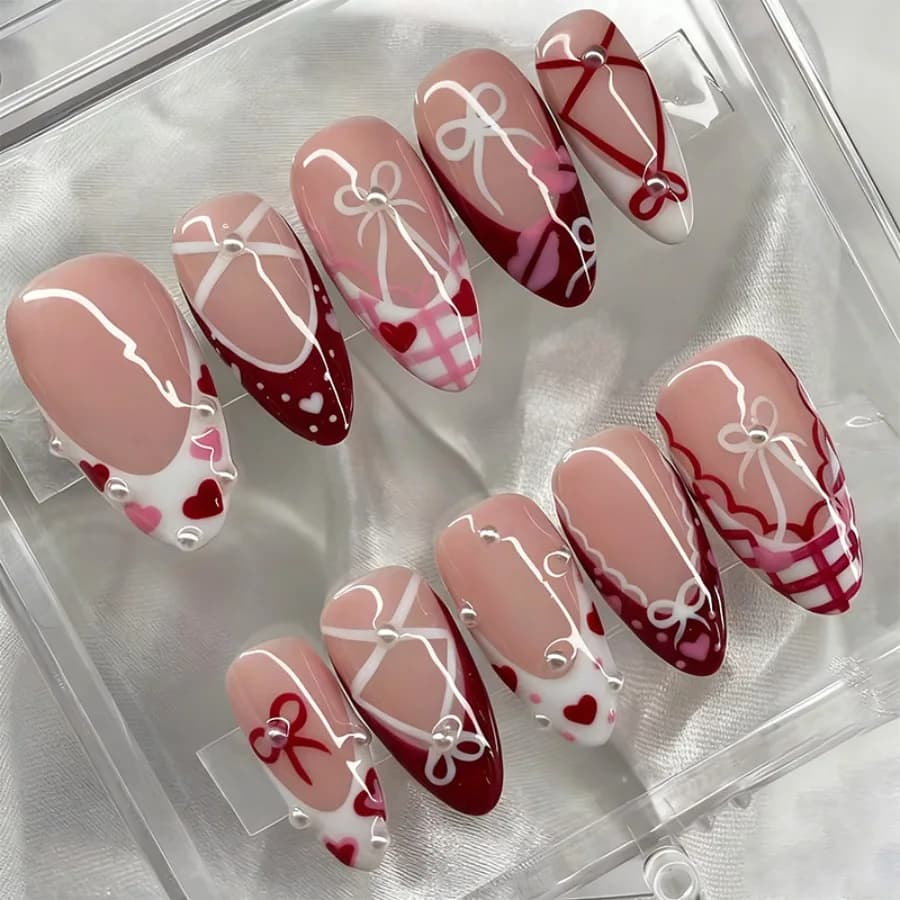 30 Valentine's Day French Almonds Wear Nail Art Sweet Love Bow Cute Plaid Nail Art Tablets