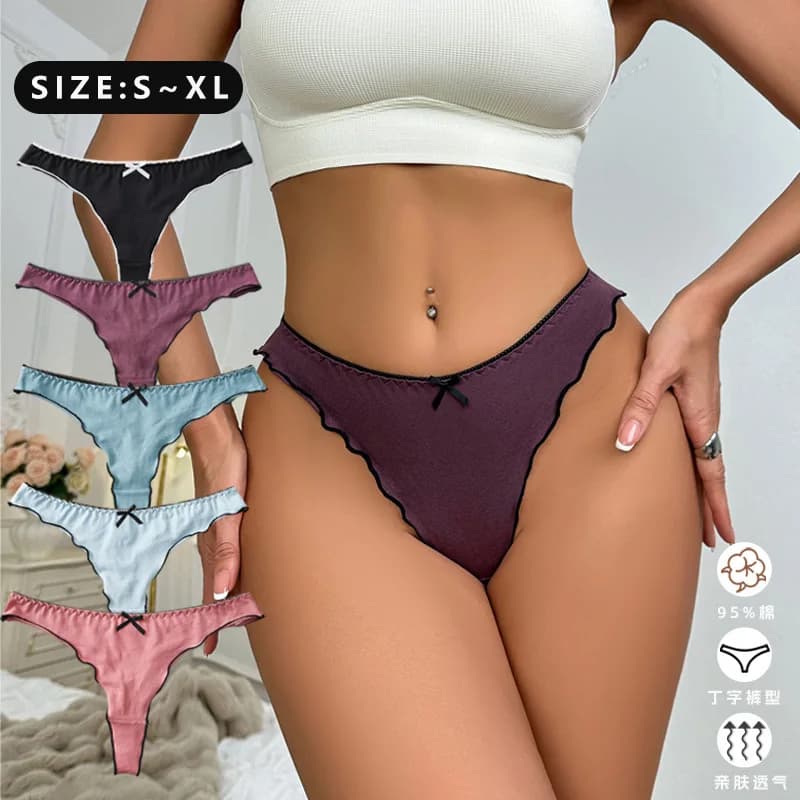 cotton women's thong solid color fungus curled edge cute bow sexy women's underwear knitted comfortable breathable