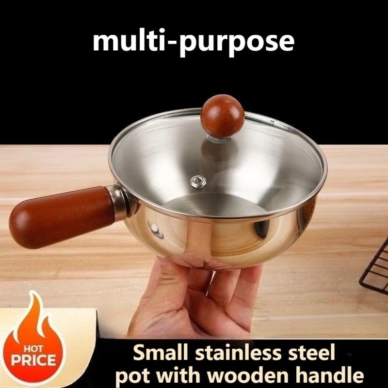 Small Multifunction Stainless Steel Plate Thickness with Wood Handle Anti-coating for Cooking, Sauces, Milk and Food Complementary