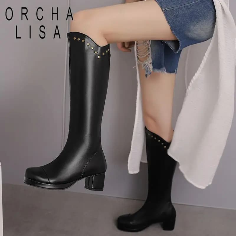 ORCHA LISA New Fashion Women's Knee High Booties Round Toe 5cm Block Heel Zip Rivets Black Large Size 48 50 Cool Daily Style