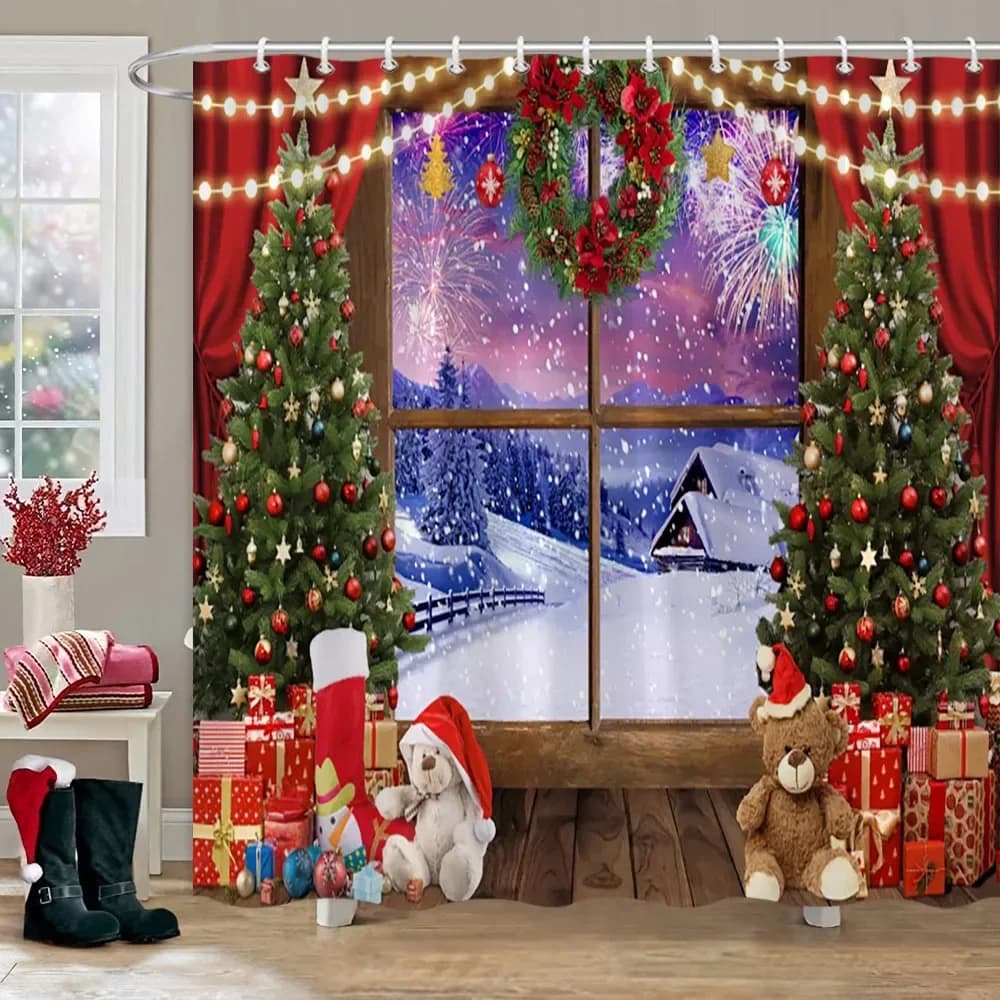 Christmas Party Shower Curtains Fireplace Christmas Tree and Gifts Snowman Snow Scene Washable Shower Curtain Art Bathroom Decor