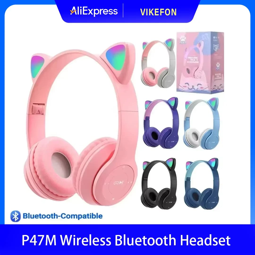 P47M Wireless Bluetooth Headset Gamer Cat Hearing Aids With Noise Cancellation With LED Light Wireless Headphones Bluetooth