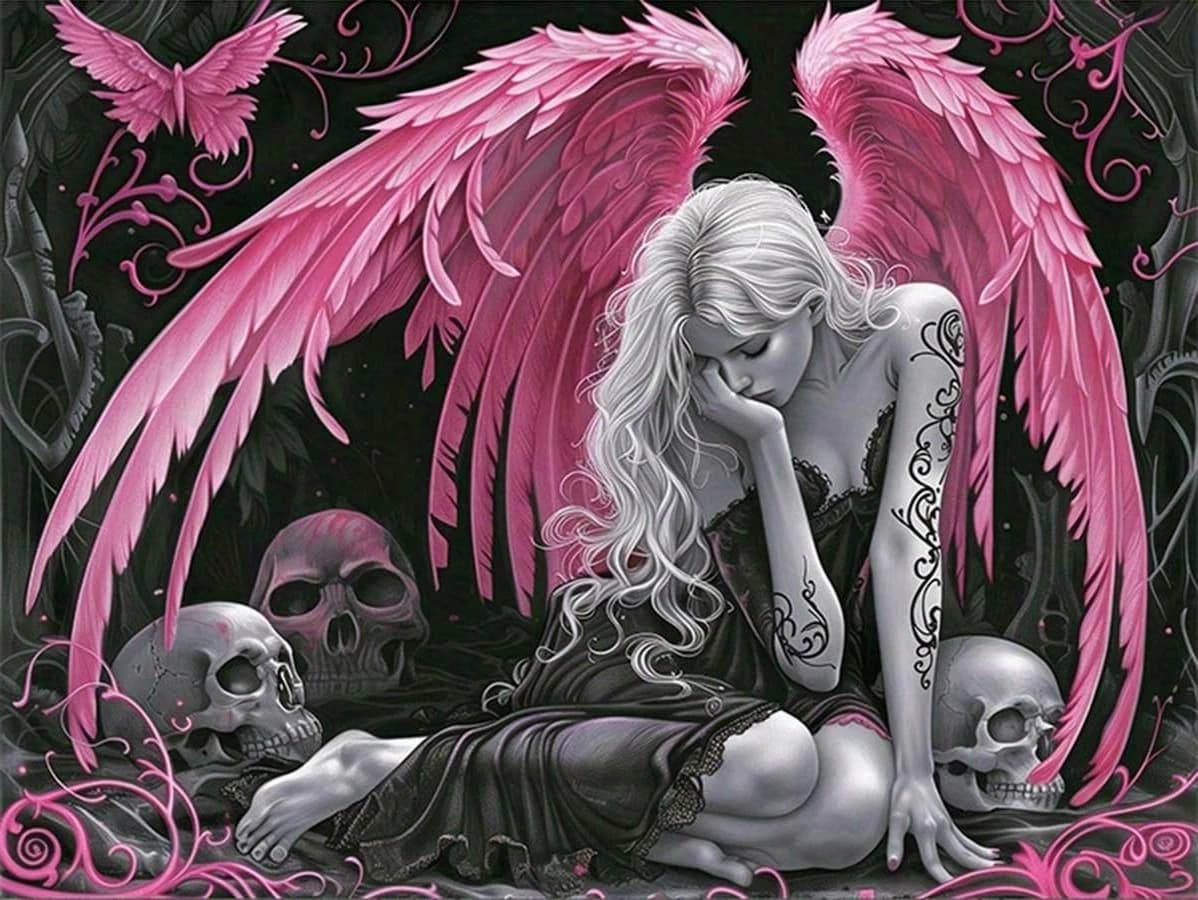 Gothic Pink Winged Fallen Angel Skull 5D Full Drill Diamond Painting Kit - DIY Embroidery Cross Stitch, Dark Fantasy Home Wall
