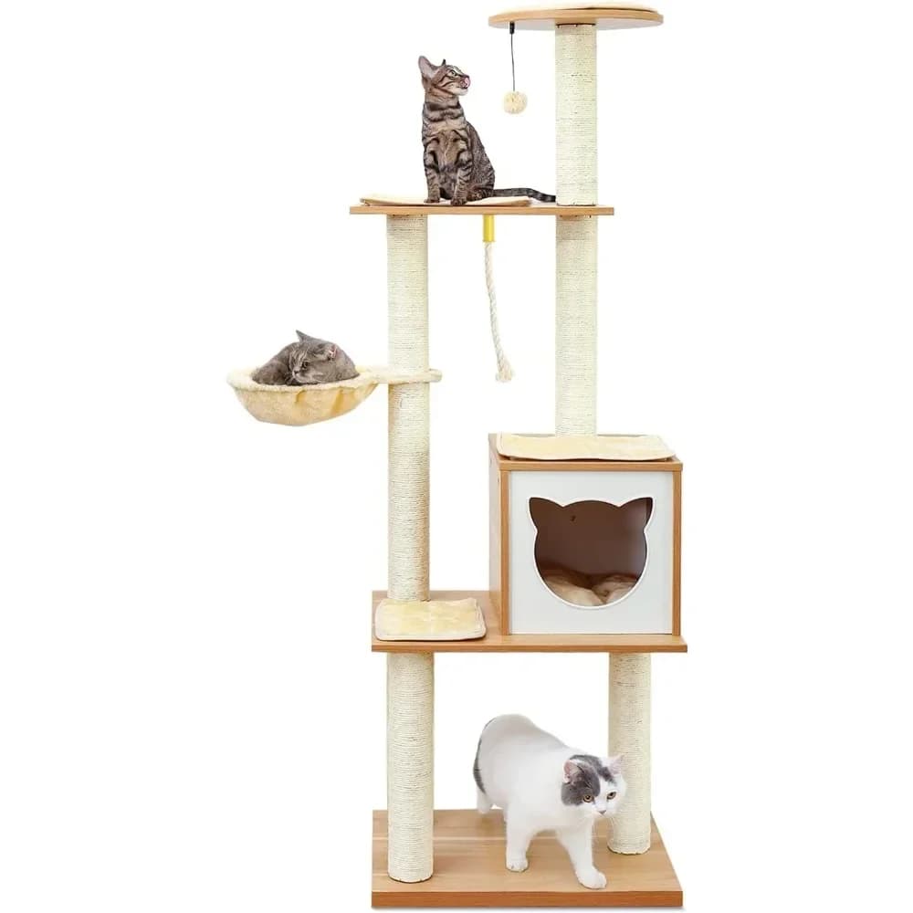 Per albero per gatti, torre moderna per gatti da interni - Condo in legno alto 65 pollici con amaca, tiragraffi e cuscinetti rimovibili