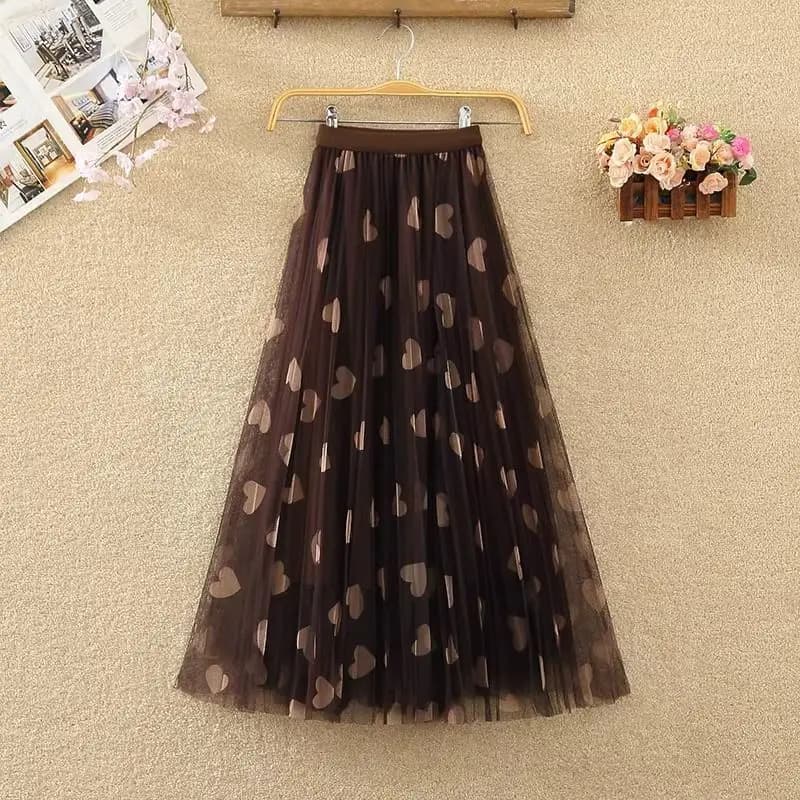 Women's High Waist Tulle Midi Skirt Heart Print Flowy Pleated Elegant Casual Party Skirt