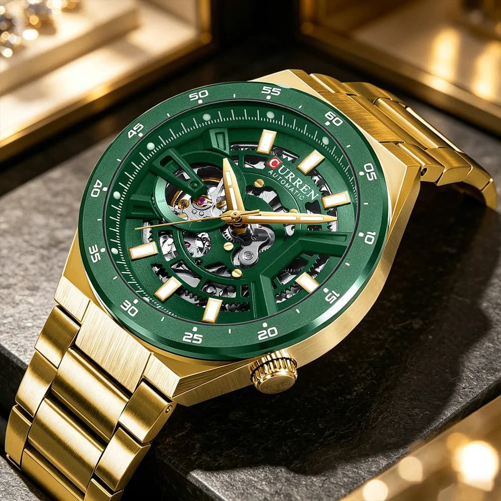 CURREN Brand Men's Large Waterproof Automatic Luminous Watch Elegant Mechanical Watches Unique Skeletonized Dial