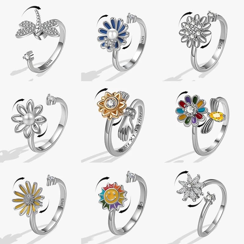 Anelli Antistress di Lusso con Ciondoli Girevoli a Forma di Sole, Libellula e Fiore per Donne e Ragazze, Anello Girevole Regolabile Antistress, Gioielli da Matrimonio