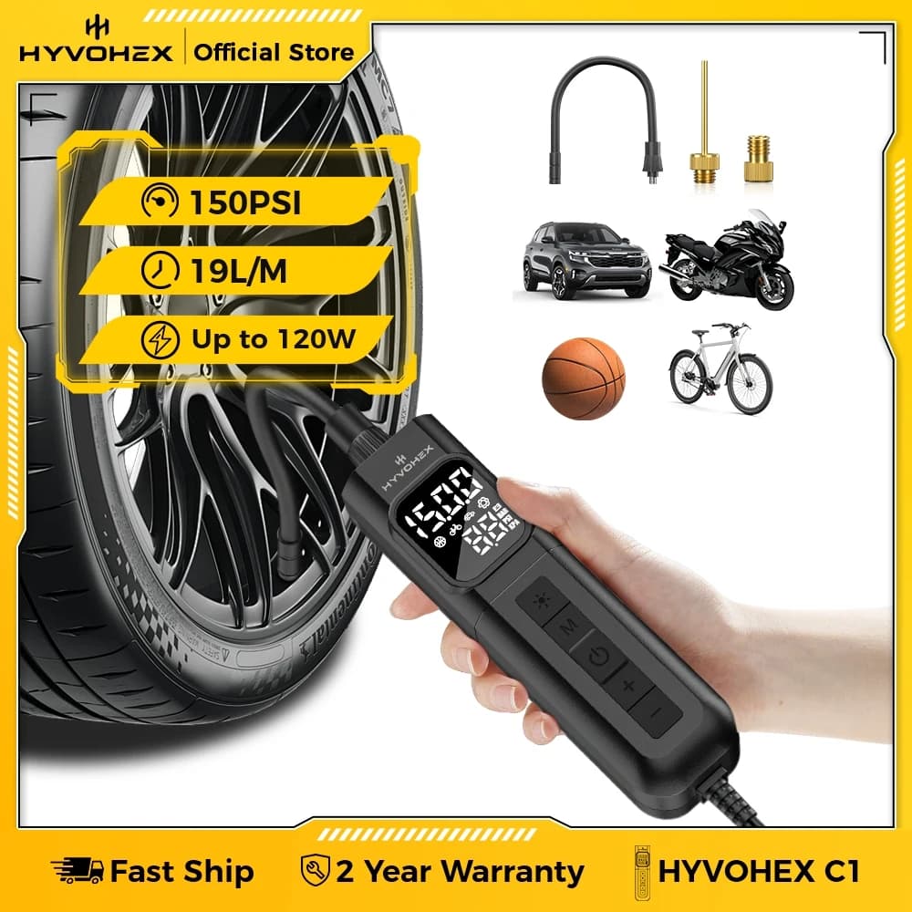 HYVOHEX C1 Compressore d'aria portatile cablato Ciclo di lavoro al 100% Pompa di gonfiaggio rapido per pneumatici per auto, moto, bicicletta