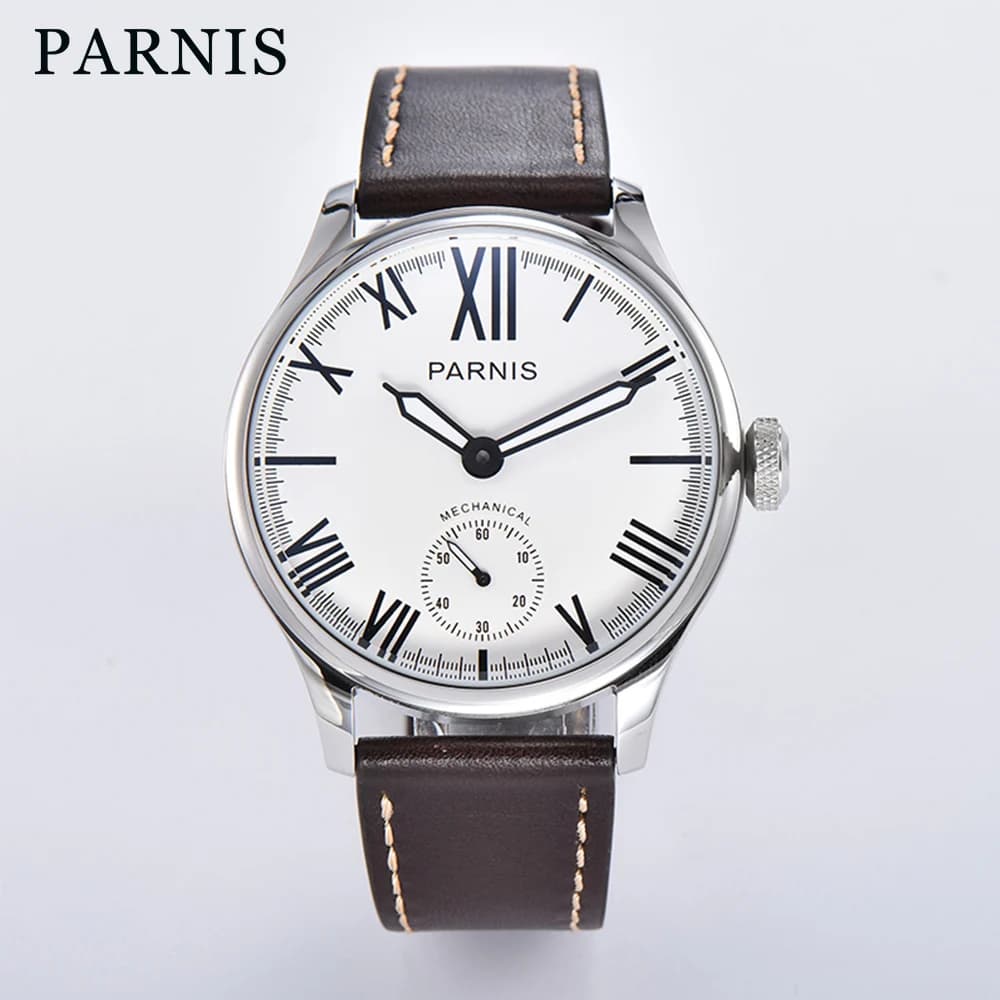 Parnis 46,5 mm numeri romani quadrante bianco meccanico ST3620 carica manuale orologio da uomo cinturino in pelle orologi da uomo