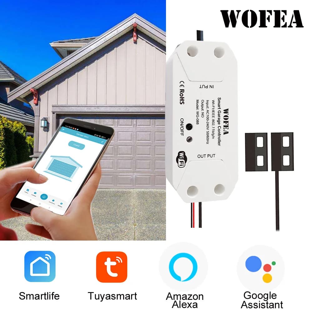 Wofea Tuya Smart WIFI 2.4G Smart Garage Door Opener with App Control (Without Hub) Compatible with Alexa and Google Home