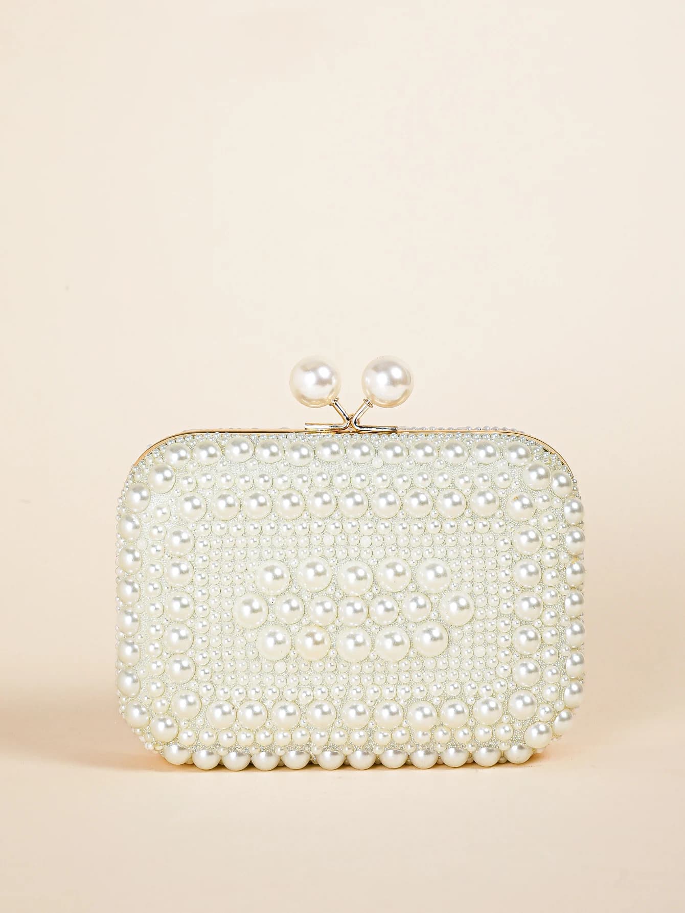 Glamour perla generale con pochette a catena in metallo con chiusura a bacio lucido, elegante borsa da sposa con cornice strutturata, cena di ballo di fine anno E